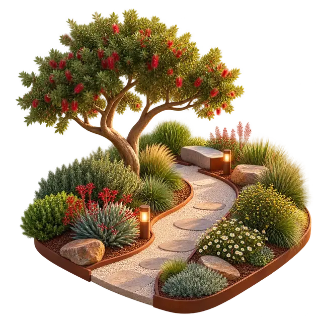 Urbanrise Begur Koppa landscaped garden with shaded paths, layered planting and shared seating