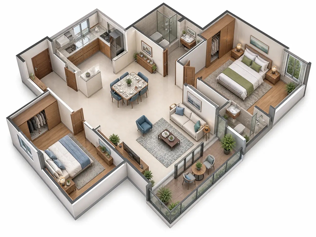 Conceptual two-bedroom apartment with living-dining space, kitchen, two bathrooms and a balcony Conceptual two-bedroom apartment with living-dining space, kitchen, two bathrooms and a balcony