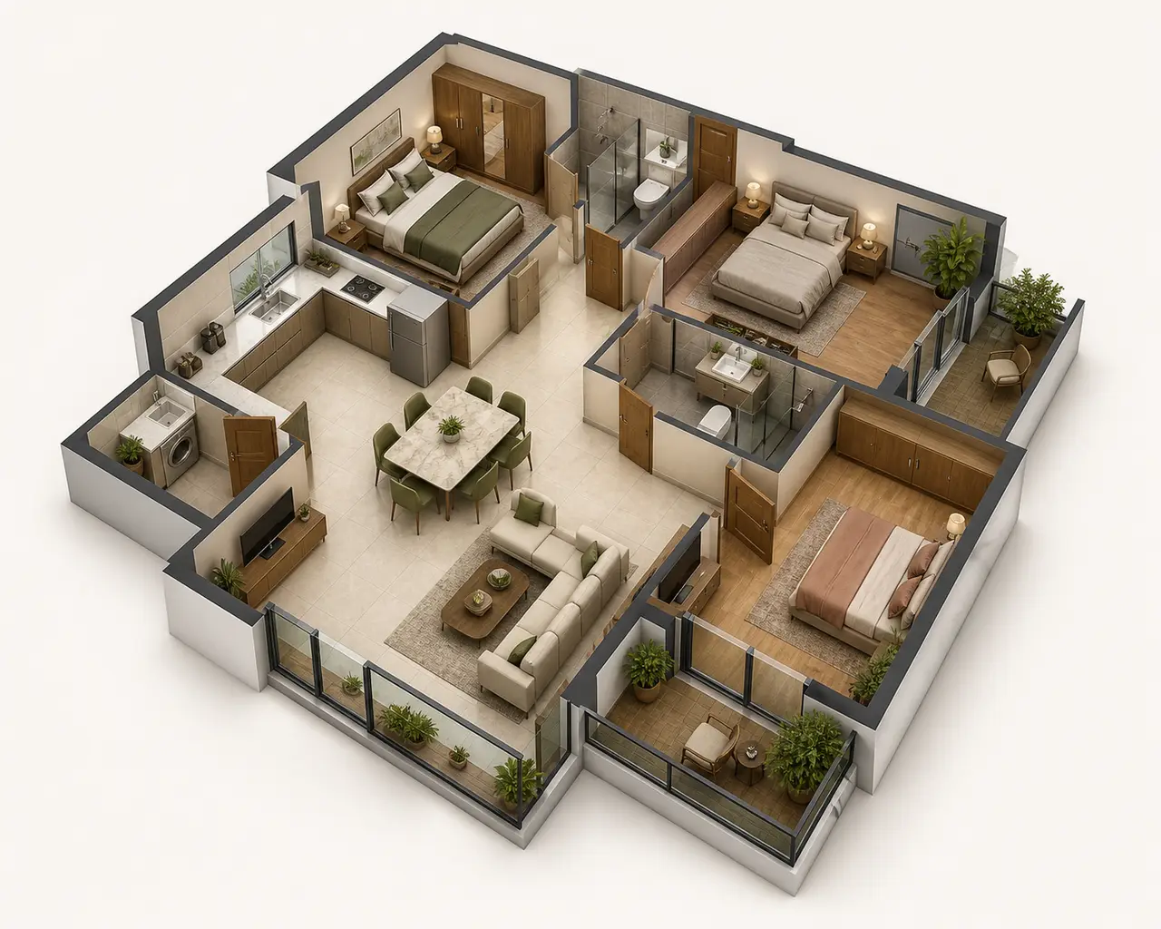 Conceptual three-bedroom apartment with two bathrooms, living-dining space, kitchen, utility zone and balconies Conceptual three-bedroom apartment with two bathrooms, living-dining space, kitchen, utility zone and balconies