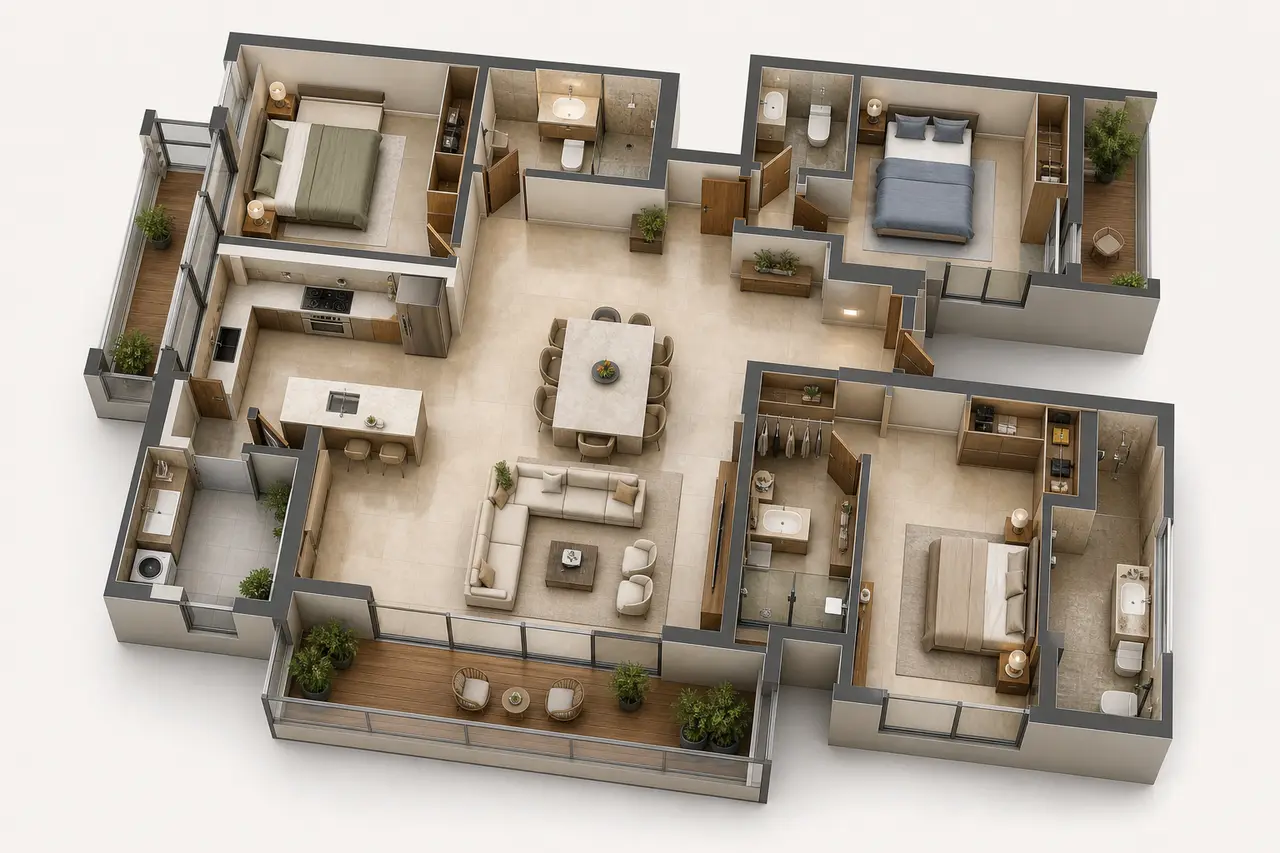 Conceptual three-bedroom apartment with three bathrooms, generous living-dining space, kitchen and balcony Conceptual three-bedroom apartment with three bathrooms, generous living-dining space, kitchen and balcony